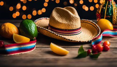 A traditional Mexican sombrero, fruits, and colorful decorations create a festive atmosphere for a celebration.の写真素材