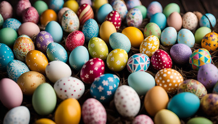 A close up of colorful decorated easter eggs in a basket.の写真素材