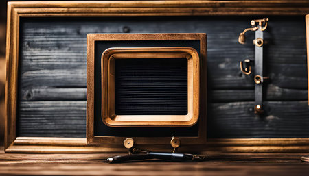 A close-up shot of a vintage camera on a wooden table. The camera is in focus, while the wooden background is slightly blurred.の写真素材