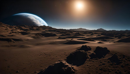 A beautiful image of a planet with a distant earth-like planet in the background. It is a surreal scene that evokes feelings of wonder and exploration.の写真素材