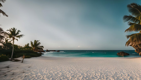 A tranquil beach with palm trees and clear blue water, bathed in the soft glow of the setting sun. The white sand and lush greenery create a perfect tropical paradise.の写真素材