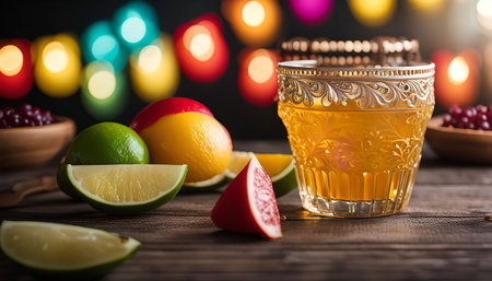 A refreshing citrus drink in a fancy glass, surrounded by fresh citrus fruits and festive lights. The warm wood table and bokeh lights create a cozy and celebratory atmosphere.の写真素材