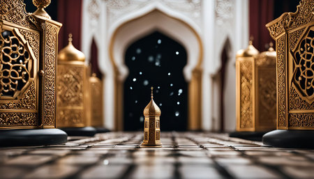 A row of ornate golden lanterns stand in a hallway of a Moroccan palace. The lanterns are intricately carved with arabesque patterns and are illuminated by the soft glow of candlelight. The hallway is lined with tile floors and arched doorways, creating a sense of mystery and grandeur.の写真素材