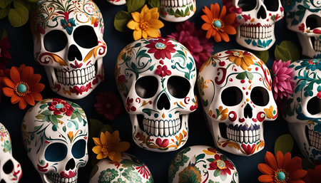 Colorful sugar skulls with intricately floral patterns arranged on a dark blue background, celebrating the Day of the Dead.の写真素材