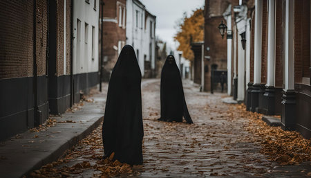 Two figures cloaked in shadow walk down a cobblestone street lined with old buildings, creating an eerie and mysterious atmosphere.の写真素材