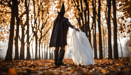 A witch in a black cloak and hat walks through a forest of trees in autumn, carrying a white fabric in her hand, creating a mysterious and magical atmosphere.の写真素材