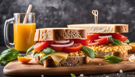 Two delicious homemade sandwiches with tomatoes, onion and cheese on a wooden cutting board with orange juice. The sandwiches are freshly prepared and look appetizing.の写真素材