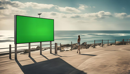 A woman walks past a large green billboard overlooking the ocean, the sun shines, and the horizon is a bright blue.の写真素材