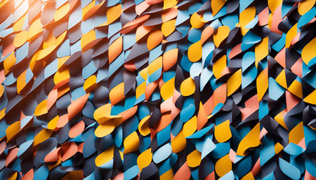 A vibrant abstract background with colorful paper shapes in a geometric pattern.
