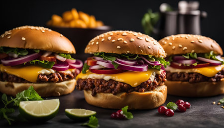 Close up of three cheeseburgers with lettuce, tomato, red onion, and cheese on a black plate.の写真素材