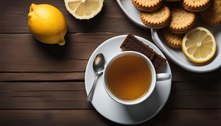 A cup of tea with a saucer, a slice of lemon and cookies on a wooden table, still life photography.の写真素材