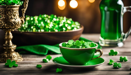 A festive table setting for St. Patrick's Day, featuring a green beer mug, a cup filled with shamrocks, and other Irish decorations. The green color and shamrock symbols are the perfect way to celebrate the holiday.の写真素材