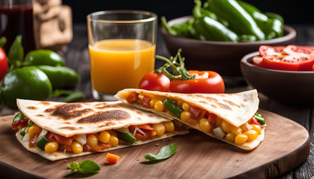 Two golden quesadillas filled with corn, peppers, and other vegetables, ready to be enjoyed. A glass of orange juice and other ingredients like tomatoes and peppers are in the background. This is a delicious and satisfying meal that can be enjoyed any time of day.の写真素材