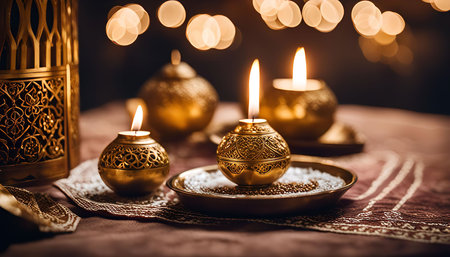 A close-up of golden candles on a table with intricate decorations and a warm, soft glow.の写真素材