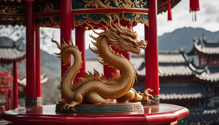 A golden dragon statue perched on a red wooden temple pavilion, surrounded by intricate carvings and details, embodying Chinese traditions.の写真素材