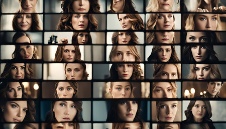 A grid of 36 portrait photographs, each featuring a different woman with a neutral expression, looking directly at the camera.の写真素材