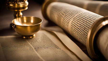 A close-up shot of an ancient scroll and golden chalice, symbolizing faith and heritage.