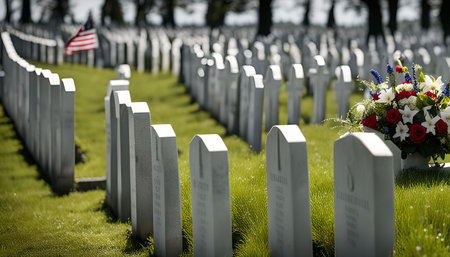 Rows of white headstones stand in a military cemetery with a bouquet of flowers in the foreground. The American flag is waving in the background.の写真素材