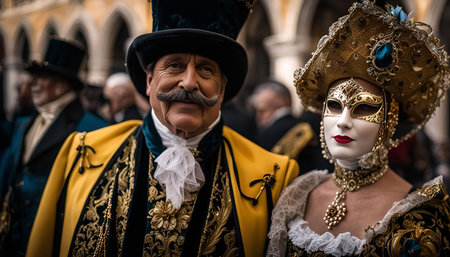 Two people in ornate costumes, including a gold mask and a top hat, attend a festival in Venice.の写真素材