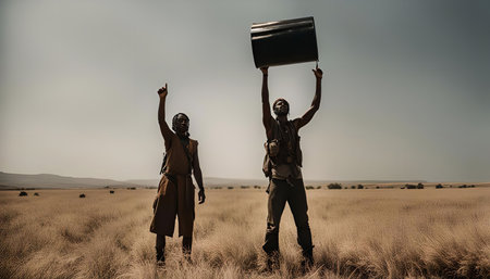 Two men standing in a dry field, one raising a drum over his head, the other pointing up with his right hand.の写真素材
