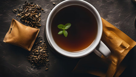 A cup of herbal tea with a green leaf on top, tea bag, and seeds.の写真素材