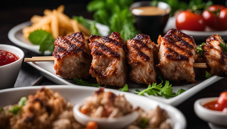 Close-up of grilled chicken skewers served on a white plate with a side of fries and rice, a great dinner dish.の写真素材