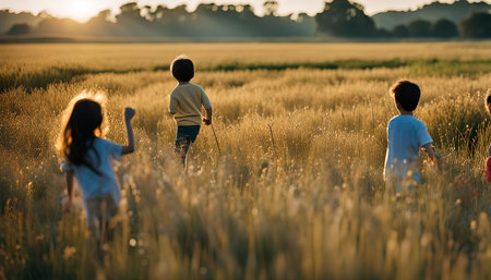 Three children run through a golden field at sunset, enjoying the warm light and the carefree feeling of childhood.の写真素材