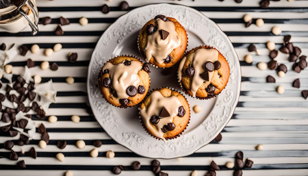 Four chocolate chip muffins with white icing and chocolate chips on a white plate, surrounded by chocolate chips and white chocolate chips on a striped table.の写真素材