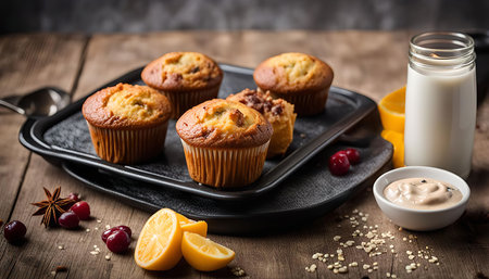 A delicious assortment of muffins, fresh from the oven, with milk, lemon, and a bowl of cream for a...