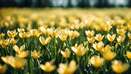 A vibrant field of yellow flowers basking in the warm sunlight. The bright yellow petals create a stunning visual display of nature's beauty.の写真素材