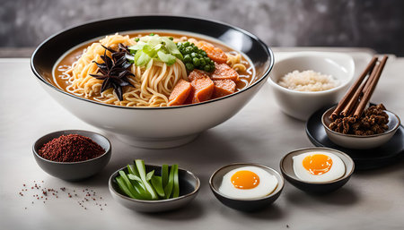 A close-up of a bowl of ramen noodles with various toppings, including eggs, chives, peas, and meat....