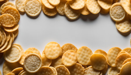 A frame of crispy round crackers on a white background.の写真素材