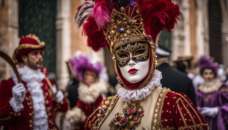 A close-up of a masked person wearing a traditional Venetian carnival costume. The mask is elaborate and decorated with gold, feathers, and jewels. The costume is red and gold, and the person is standing in front of a backdrop of other people.の写真素材