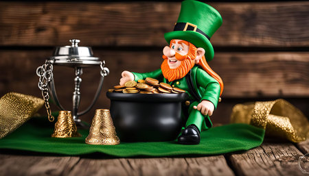 A leprechaun figurine sitting on a wooden table with a pot of gold. The leprechaun is wearing a green hat and beard, and holding a pot of gold in his hands.の写真素材