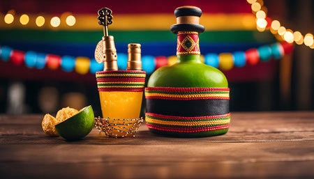 Two decorative bottles, one with a golden top and a yellow liquid and the other a green bottle with a red and yellow lid, are placed on a wooden table, with lime slices in front of them, in a festive setting with colorful decorations in the background.の写真素材