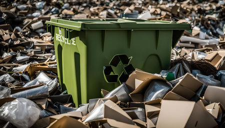 A green recycle bin sits on a pile of cardboard and plastic, highlighting the importance of recycling and environmental responsibility.の写真素材