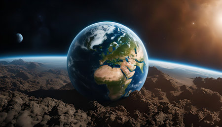 A captivating view of Earth from space, showing our planet in its full glory amidst the vastness of the cosmos. The vibrant blue oceans, swirling clouds, and continents are a testament to the beauty and fragility of our home.の写真素材