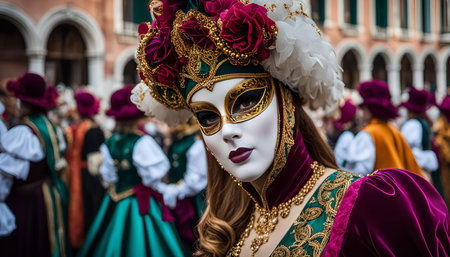 A woman in a colorful Venetian Carnival costume with a mask on her face.の写真素材