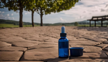 A blue glass bottle with a dropper and a blue cup sit on a stone path. The path leads to a green field with trees in the background, creating a serene and calming atmosphere.の写真素材