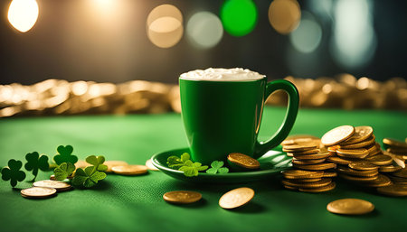 A green mug filled with a creamy, foamy beer sits on a green table, surrounded by golden coins and shamrocks, celebrating St. Patrick's Day.の写真素材