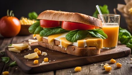 A close-up of a delicious sandwich with cheese, tomato, spinach, and corn.の写真素材