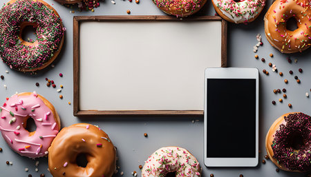Various donuts with sprinkles on a gray background next to a frame and a tablet with a white screenの写真素材