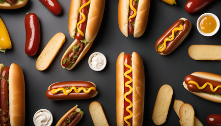 A close-up shot of several hot dogs with mustard and condiments. They are arranged on a dark background with additional bread sticks.の写真素材