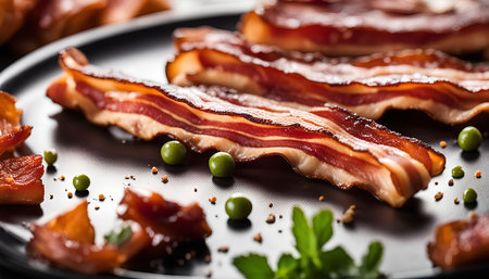 Close-up of a plate with crispy bacon strips, green peas, and black peppercorns. The bacon is arranged in a fan shape with the strips overlapping, creating a visually appealing presentation.の写真素材