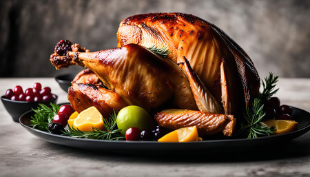 A roasted turkey, ready to be served, adorned with a medley of garnishes including cranberries, lemons, and rosemary sprigs.の写真素材
