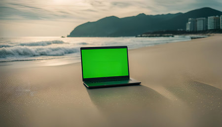 A laptop with a green screen sits on a sandy beach with the ocean in the background, during sunset. The laptop is facing the viewer, with the screen blank. The image is a concept for remote work and travel.の写真素材