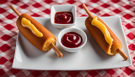Two golden-brown corn dogs on white plate, topped with melted cheese, with two bowls of ketchup on red checkered tableclothの写真素材