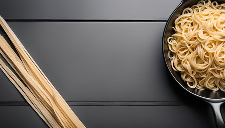 Uncooked spaghetti arranged on a black surface. Spaghetti is a long, thin type of pasta, a staple of Italian cuisineの写真素材
