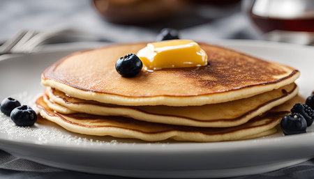 Close-up shot of three fluffy pancakes stacked on a white plate with melted butter and fresh...