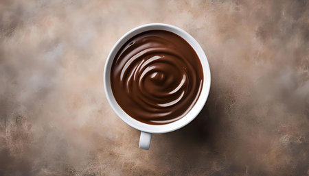 A close-up shot of a cup of melted chocolate with a swirling pattern on top, against a brown background. It looks incredibly delicious and temptingの写真素材